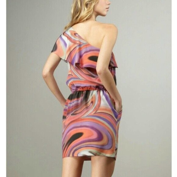 Halston Heritage One Shoulder Ruffled Dress Swirl Silk Mini Orange Purpl… - Picture 9 of 9